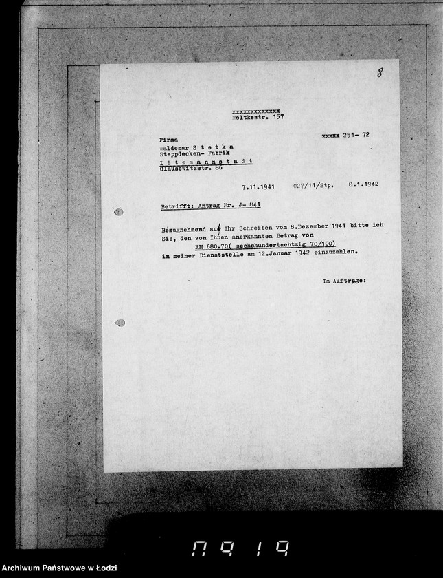 Obraz 12 z jednostki "J.841-860 [Wnioski Żydów z Getta o zwrot należności za prace lub towar wzięty na kredyt]"