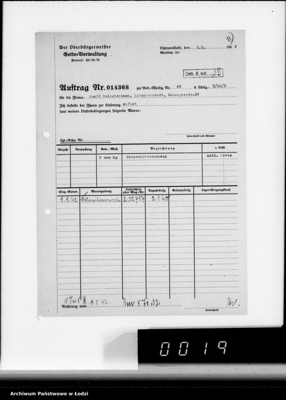 Obraz 17 z jednostki "Aufträge [Lieferscheinen und Rechnungen] 13800-13850.[i od 14351 do 14370]. [Dostawa artykułów pierwszej potrzeby do Getta]"