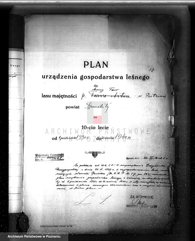 image.from.unit.number "Plan urządzenia gospodarstwa leśnego dla lasu Anny Far w Piotrowie powiat szamotulski 1930-1940"