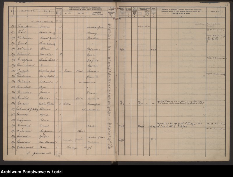 Obraz 16 z jednostki "Księga kontroli ruchu ludności (rejestr osób przybywających do gminy) Łódź, zameldowania pozaankietowe, komisariat V, nr 1-3871"