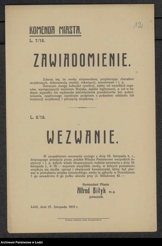 Obraz 1 z jednostki "[Obwieszczenie o prawie do legitymowania wojskowych przez ludność cywilną]"
