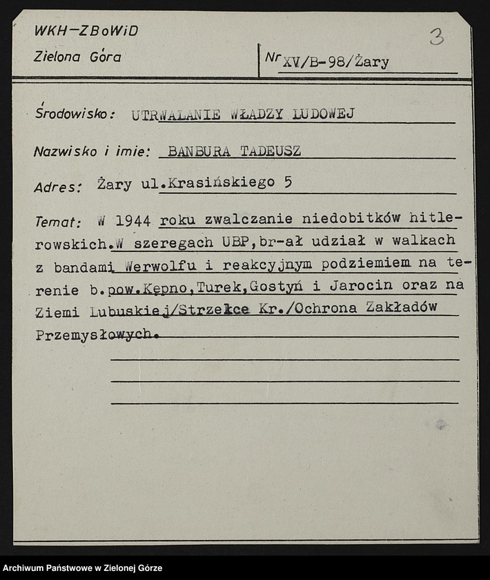 image.from.unit.number "Kartoteka członków ZBoWiD dotycząca relacji kombatantów z działalności pionierskiej na ziemiach zachodnich - XV"