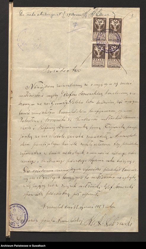 image.from.unit.number "Dokumenty załączone do ślubnych aktów stanu cywilnego w parafji R. Kat. Filipowskiej w roku 1923"