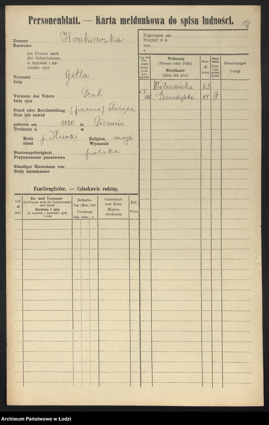 Obraz 20 z jednostki "[Spis ludności Łodzi] Krakowicz - Krasiejko"