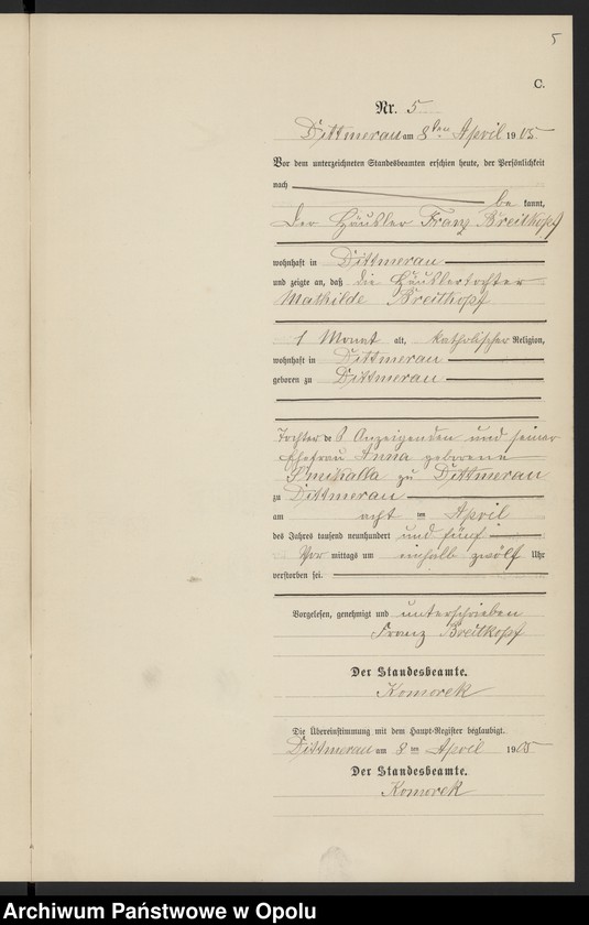 Obraz 9 z jednostki "Sterbe-Neben-Register Standesamts Dittmerau pro 1905"