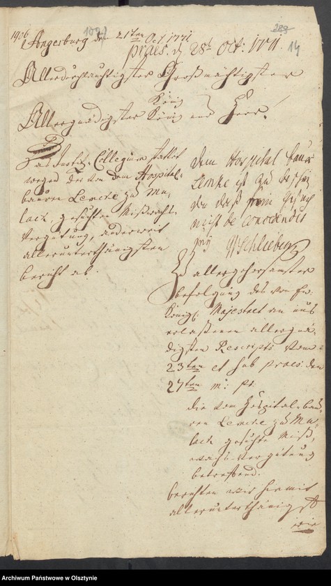 image.from.unit.number "In S. [Sachen] des Erbpächters der Rastenburgischen Hospital Huben zu Mulack [Muławki] Michael Lemcke wegen erlittenen Mißwachses und gebethener Zins=Erlaßung"