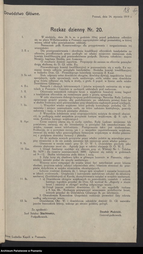 Obraz 20 z jednostki "/Rozkazy dzienne Dowództwa Głównego Sił Zbrojnych w byłym zaborze pruskim/, do nr 100."