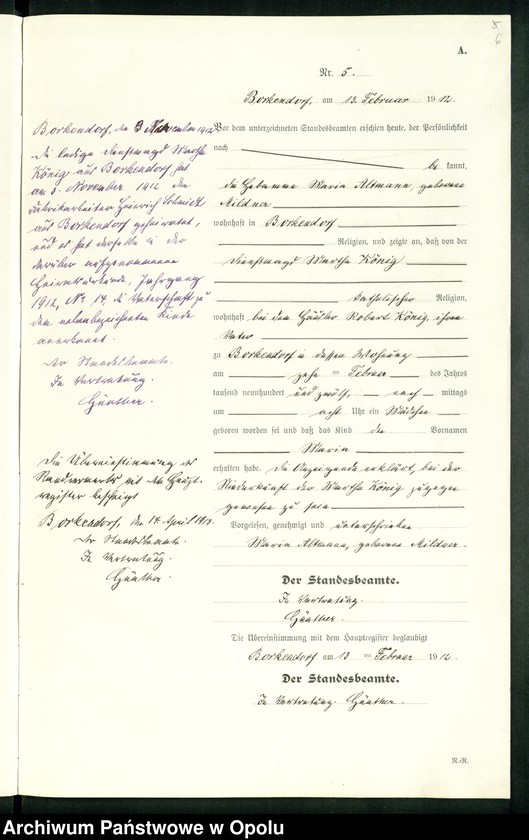 Obraz 10 z jednostki "Geburts-Register (Neben-Register) Standesamt Borkendorf 1912 No. 1 bis 73."