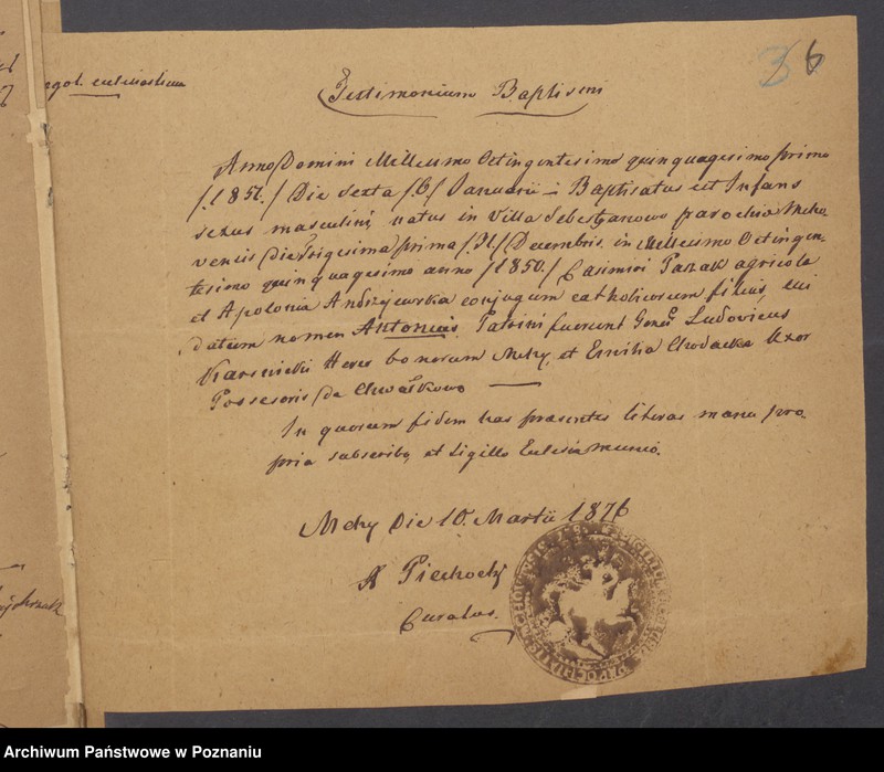 Obraz 8 z jednostki "Die von den Verlobten beigebrachten Urkunden zur Eheschliessung pro 1876"