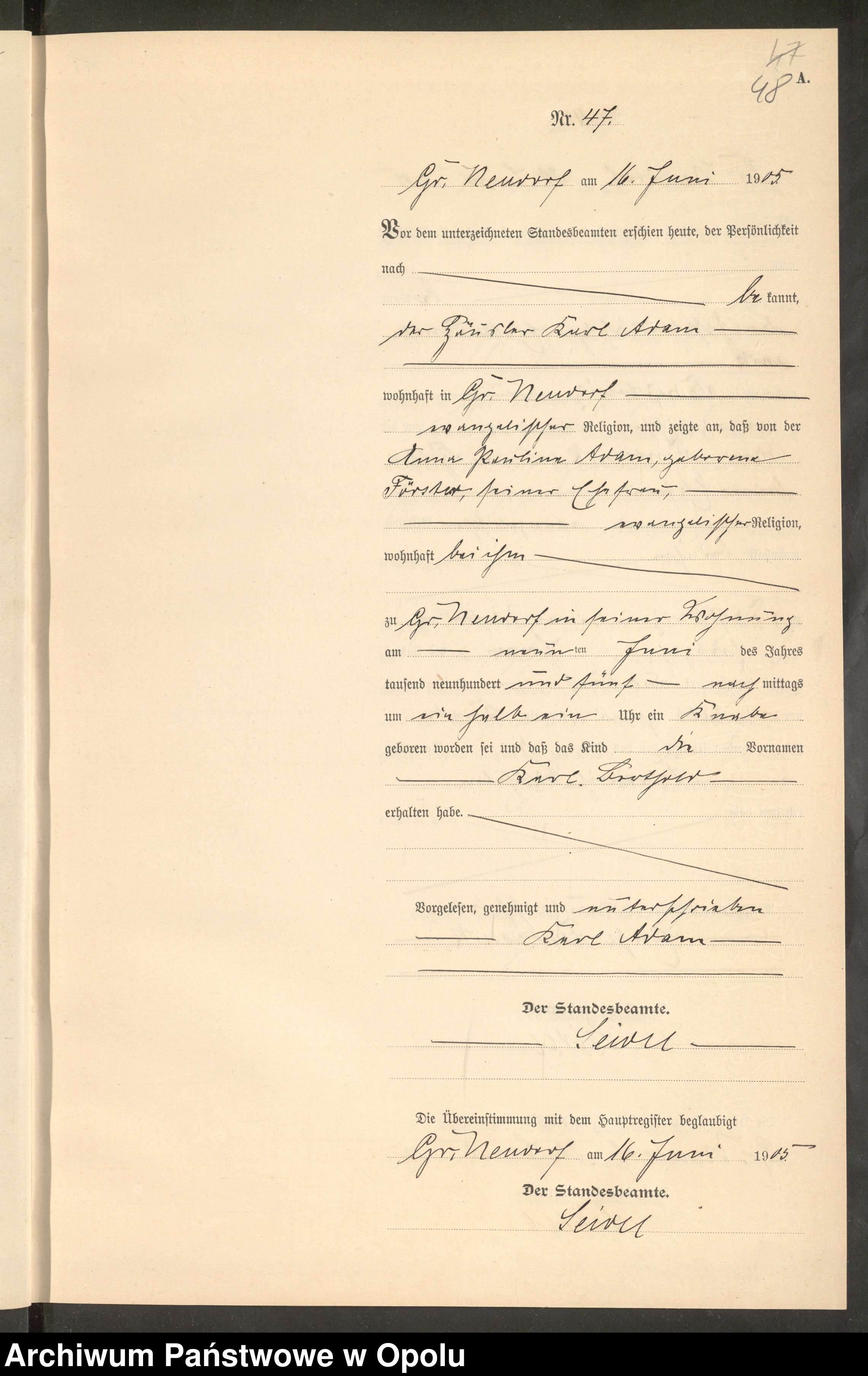 Skan z jednostki: Geburts-Neben-Register Standes-Amt Gr.[oss] Neudorf 1905