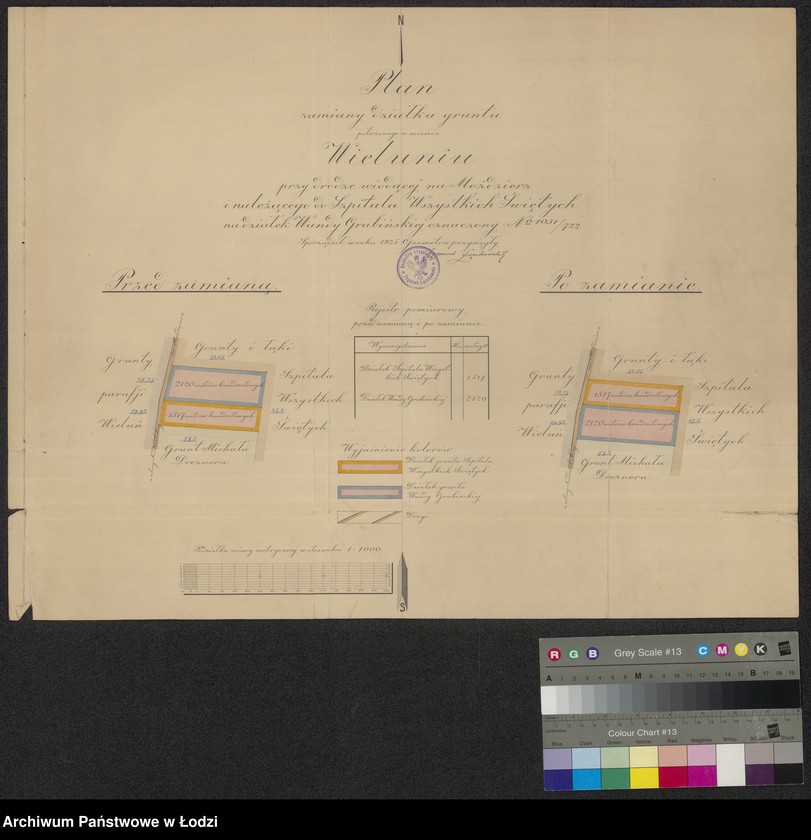 Obraz 1 z jednostki "Plan zamiany działki gruntu położonego w mieście Wieluniu przy drodze wiodącej na Moździerz i należącego do Szpitala Wszystkich Świętych na działkę Wandy Grabińskiej oznaczony numerem 1031/722"