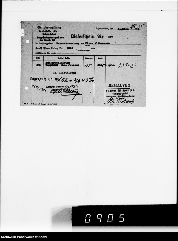 Obraz 19 z jednostki "Auftrag 592 Warenverwertung von den Judenältesten für Eugen Althausen Litzmannstadt"