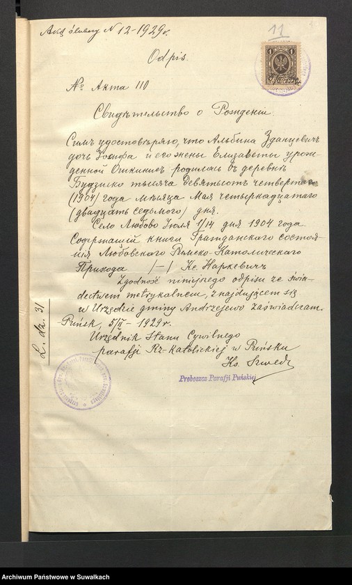 image.from.unit.number "Aneksy dp aktów zaślubionych rz.kat. parafji Puńsk (pow. Suwalskiego) za rok 1929"