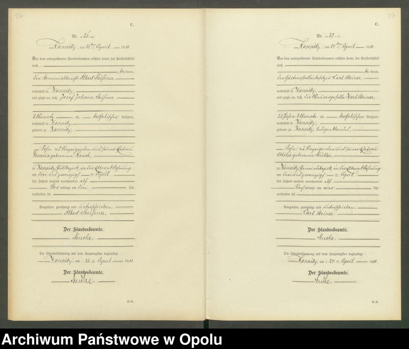 Obraz 16 z jednostki "Sterbe-Register (Neben-Register) Standesamt Koppitz 1911 No. 1 bis 72"
