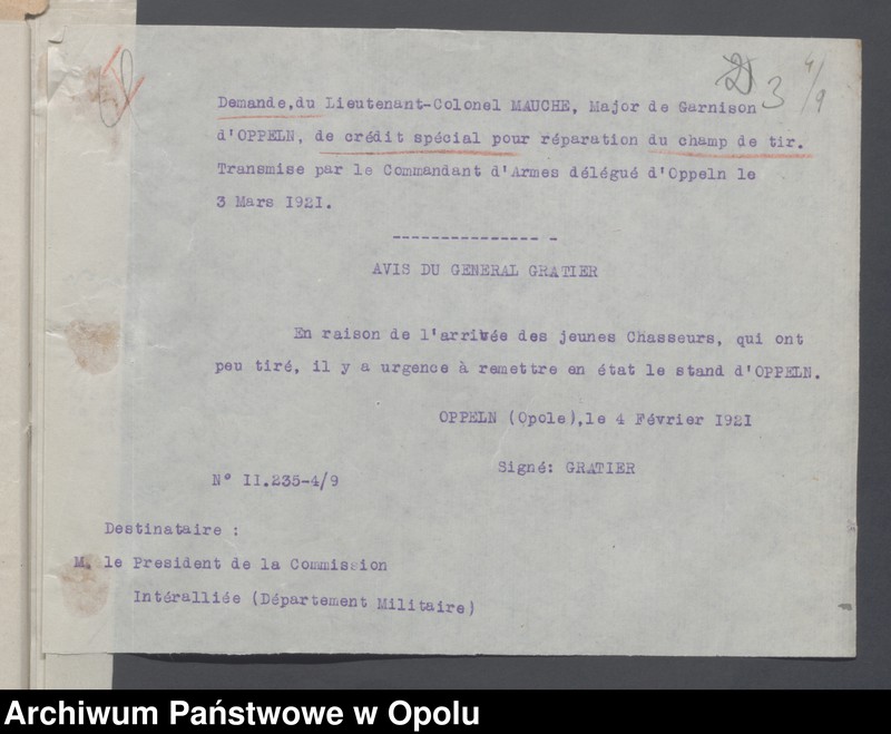 Obraz 5 z jednostki "Service du Genie-Casenement-Cantonnement  /Korespondencja i zarządzenia z zakresu rozlokowania wojska, przydziały koszar/ 4.02.- 10.09.1921"