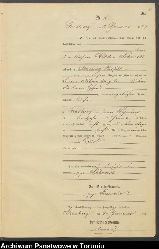 image.from.unit.number "Geburts-Neben-Register Strasburg W/Pr. für das Jahr 1889"