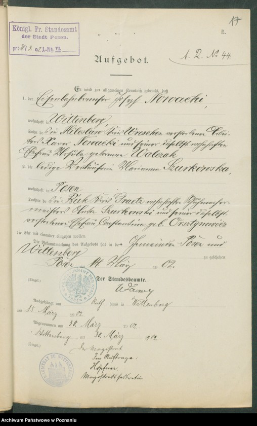 Obraz 19 z jednostki "[Dokumenty dostarczone przez narzeczonych do zawarcia związku małżeńskiego za 1902 rok. Tom V]"