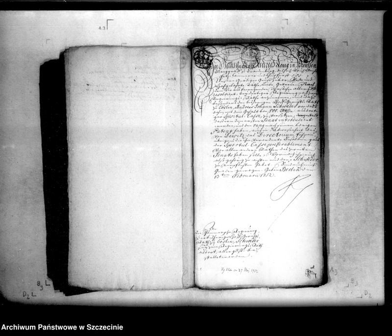 image.from.unit.number "Wegen des bei der Pommerschen Regierung bestellten Regierungsrat Andreas Johann Schweder, und von demselben in Abwesenheit des Regierungs-Vice-Präsidenten beim 2-ten Senat zuführenden Directorii."