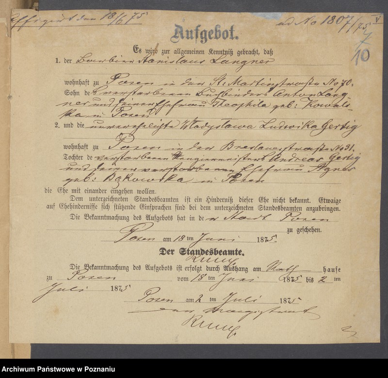 Obraz 12 z jednostki "Die von den Verlobten beigebrachten Urkunden zur Eheschliessung pro 1875"