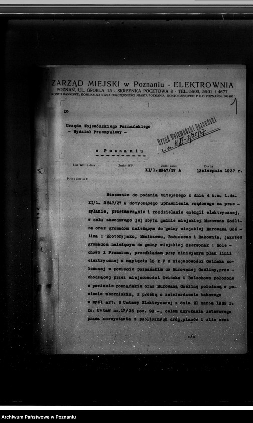 Obraz 5 z jednostki "Wniosek Elektrowni Miejskiej w Poznaniu o zatwierdzenie planu linii elektrycznej z Owińsk do Murowanej Gośliny"