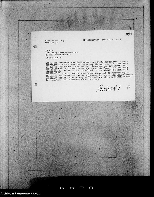 Obraz 8 z jednostki "Oberbürgermeister Litzmannstadt [Korespondencja i zamówienia na dostawę futer i materiałów]"