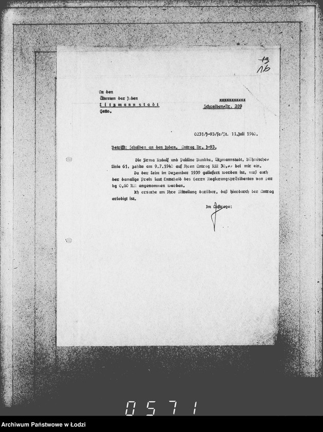 Obraz 20 z jednostki "J-91-105 [Wnioski Żydów w Getcie o zwrot długów za wzięty na kredyt towar przez kupujących]"