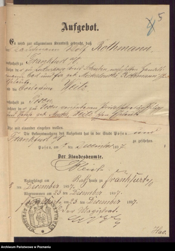 Obraz 7 z jednostki "Die von den Verlobten beigebrachten Urkunden zur Eheschliessung pro 1898"