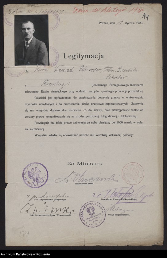 Obraz 16 z jednostki "[Egzemplarz legitymacji wydanych przez polskie władze komisarzom niemieckim dla oddania zarządu cywilnego prowincji poznańskiej]"