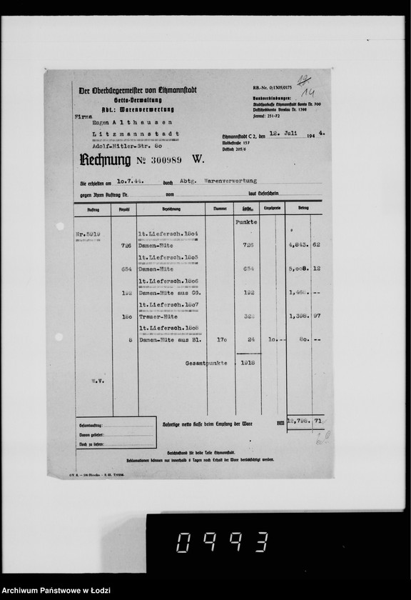 Obraz 18 z jednostki "Auftrag 5919. Damen-Hüte für F-ma Eugen Althausen Litzmannstadt"
