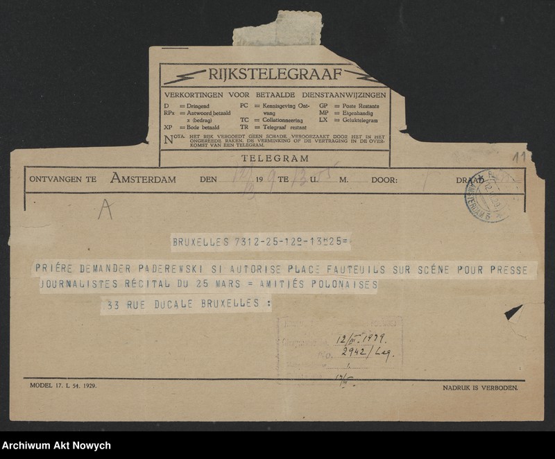 image.from.unit.number "Kętrzyński Stanisław (profesor, poseł RP w Holandii); Załączniki: a) telegram podpisany "Amitiés Polonaises"; b) kopia listu T. Du Monceau; L.4"