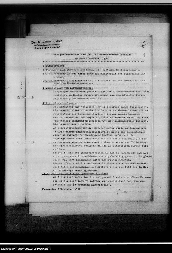 Obraz 8 z jednostki "[Sprawozdanie z podróży służbowej pracowników Gausippenamt w Poznaniu dotyczące zajętych ksiąg kościelnych, archiwów kościelnych oraz działalności powiatowych urzędów do spraw genealogicznych i Urzędu do Spraw Genealogicznych w Poznaniu]"