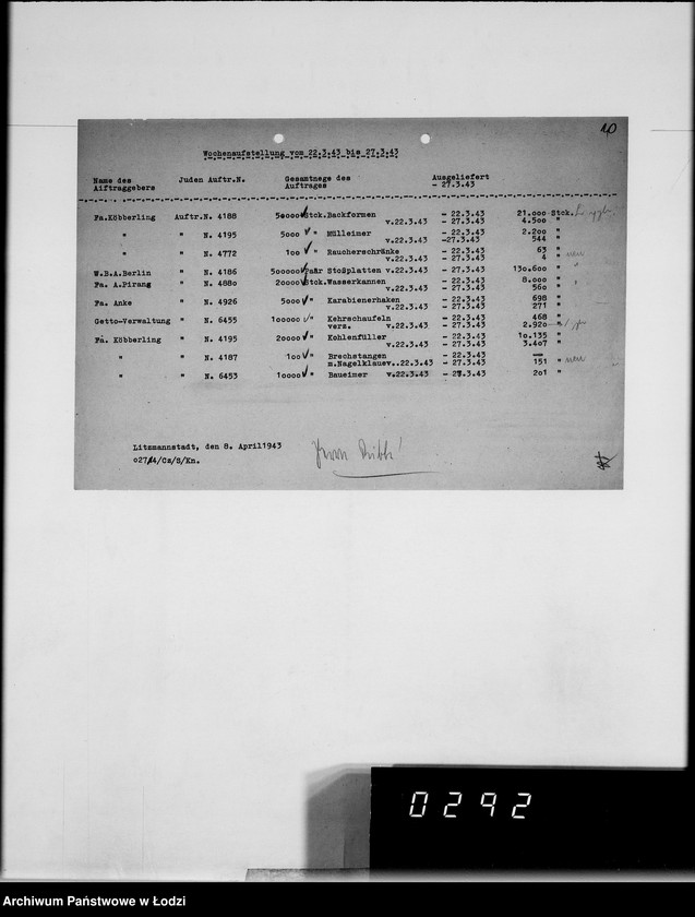 Obraz 14 z jednostki "Wochenberichte der Abteilungen.[Zestawienia zamówień i dostaw]"