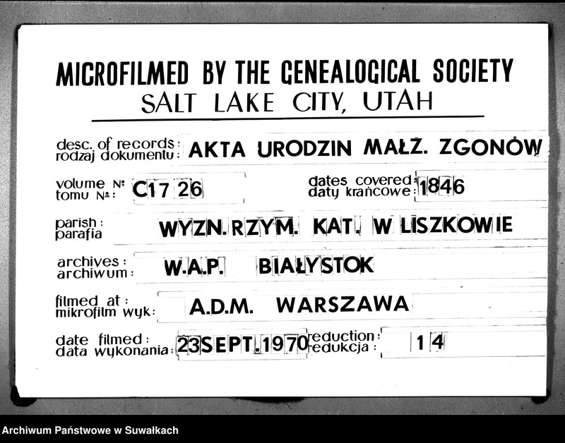 image.from.unit.number "Księga Duplikat Urodzonych, Zmarłych i Zaślubionych Parafii Liszkowskiej w Powiecie Seyneńskim Gubernii Augustowskiey Rok 1846"