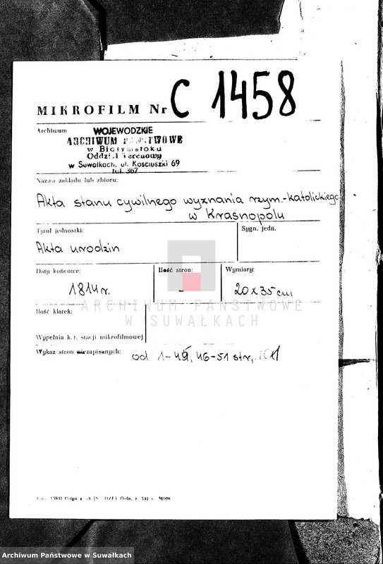 image.from.unit.number "Akta Cywilne Urodzonych Gminy Krasnopolskiey Pttu Seyneńskiego od Ru 1814."