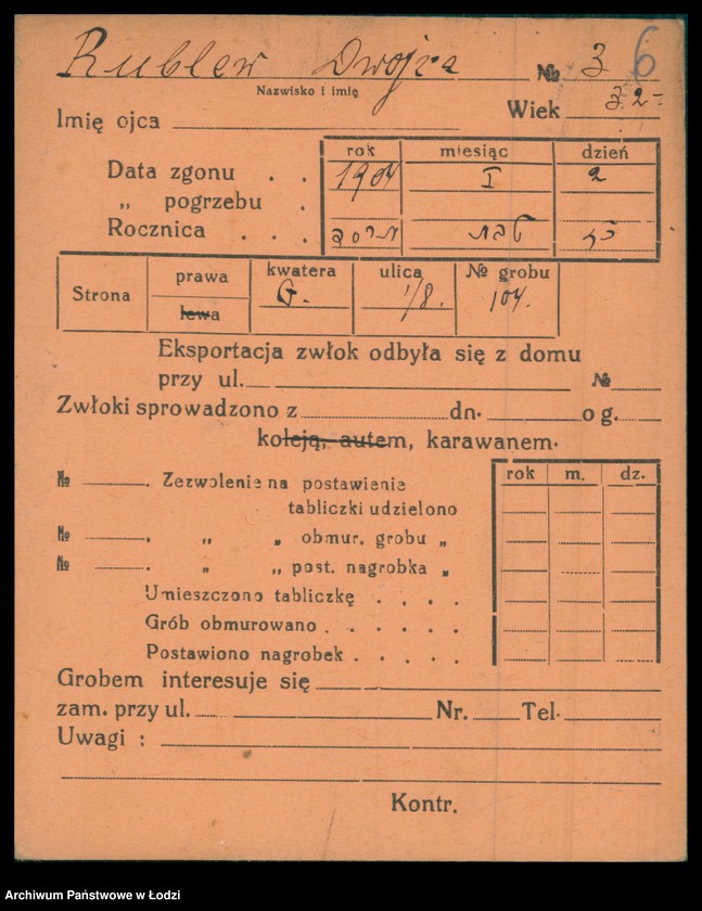 Obraz 7 z jednostki "Kartoteka osób pochowanych na cmentarzu żydowskim przy ulicy Brackiej w latach 1892-1956. Nazwiska na litery: Rubl-Rz"