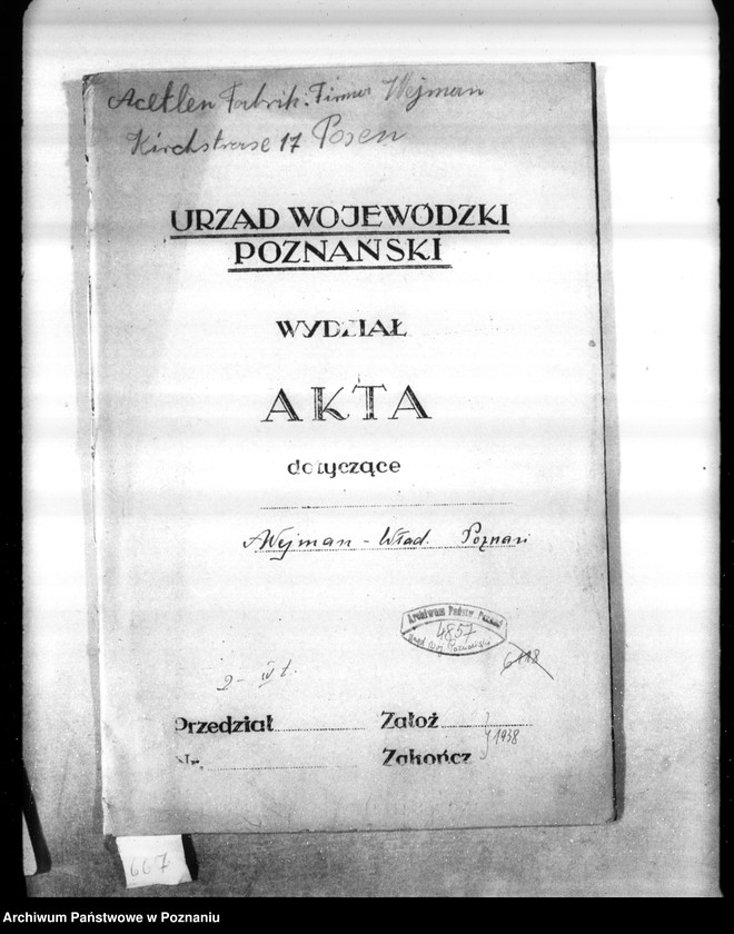 Obraz 4 z jednostki "Zatwierdzenie projektu zakładu przemysłowego /laboratorium do obróbki filmów acetylocelulozowych/ M. Wejman Poznań ul. Kościelna 17"