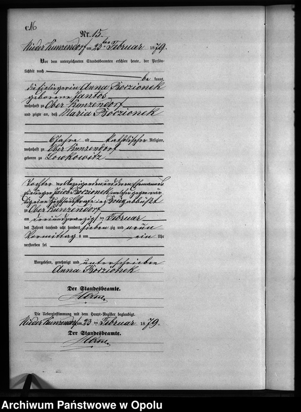 Obraz 19 z jednostki "Sterbe-Neben-Register Standesamts Kunzendorf pro 1879"