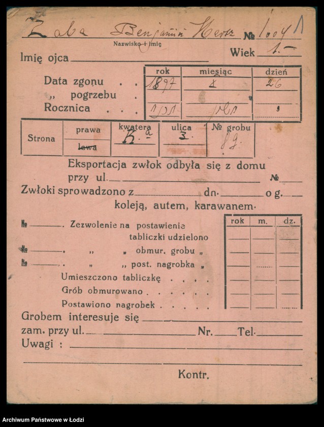 Obraz 2 z jednostki "Kartoteka osób pochowanych na cmentarzu żydowskim przy ulicy Brackiej w latach 1892-1956. Nazwiska na literę Ż"