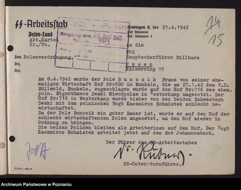 Obraz 18 z jednostki "Umsiedlungsmeldungen der SS - Arbeitsstäbe - Kreis Posen - Land [Powiat - Poznań]"