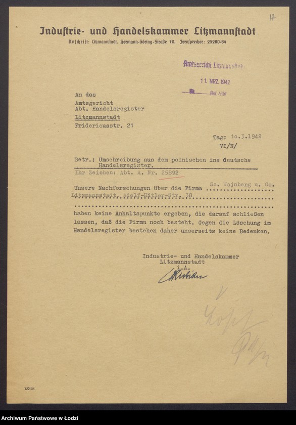 Obraz 19 z jednostki "Szymon Wajnberg, Mojsze – Icchok Wajnberg – wyrób towarów włokienniczych i skręcalni"