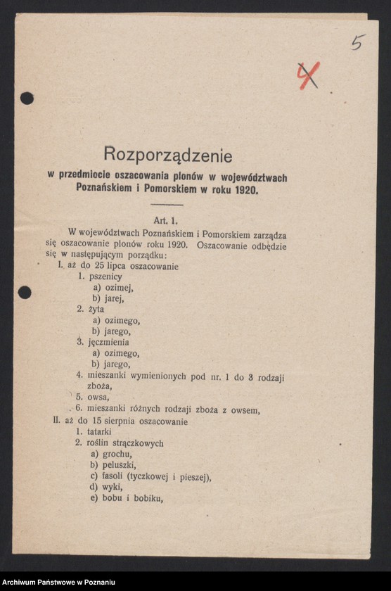 Obraz 6 z jednostki "[Wyniki oszacowania plonów roślin okopowych w Księstwie Poznańskim w roku 1919] i Rozporządzenie dotyczące stwierdzenia powierzchni zasiewów w roku 1920"