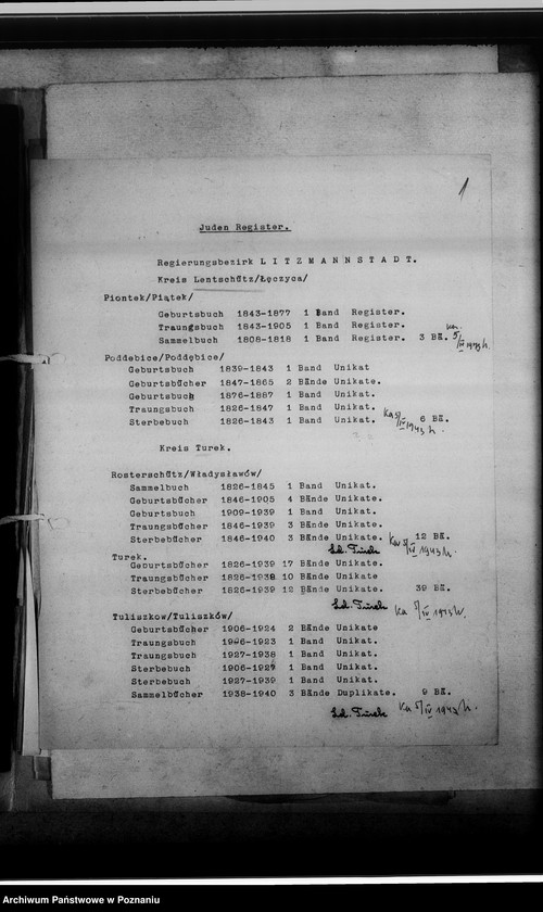 Obraz 5 z jednostki "Register der Juden, Dissidenten und Kirchenbuchduplikate, Pfarrarchive und Kirchenbücher [dotyczy terenu województwa łódzkiego]"