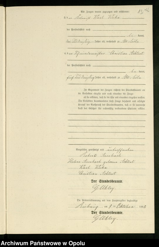 Obraz 16 z jednostki "Heiraths-Neben-Register Standes-Amt Riebnig 1898"