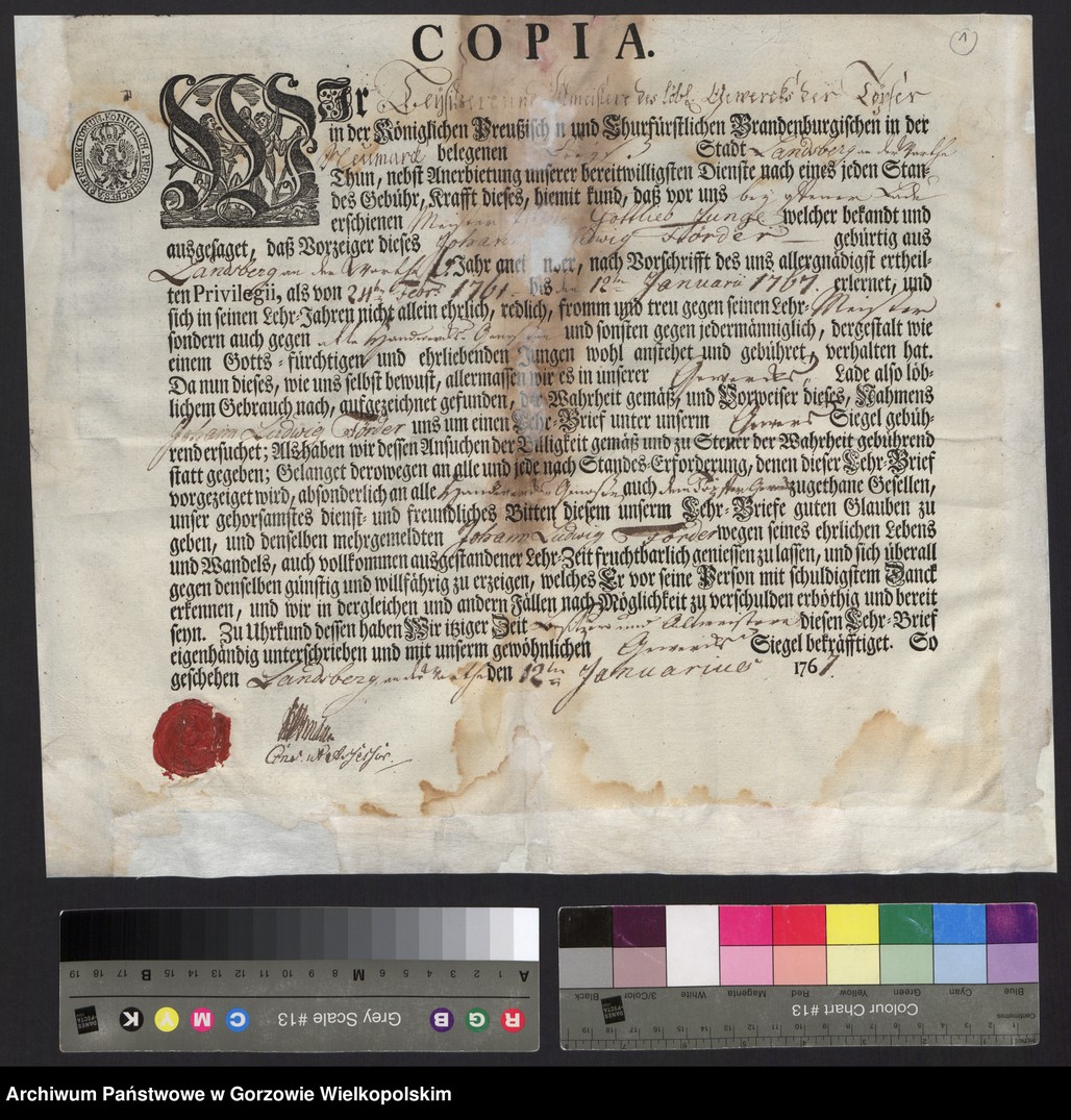 Obraz 3 z jednostki "[Lehrbrief für den Töpfergesellen Johann Ludwig Förder aus Landsberg an der Warthe. Copia. Landsberg an der Warthe den 12 Januarius 1767]"