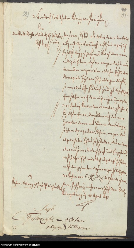 image.from.unit.number "In S. [Sachen] des v. [von] Schleinitz den Verkauf seines adelichen Guths Kirsteinsdorf [ Kiersztanowo] H. [Haupt] Amts Osterode [Ostróda] an den Lieutenant v. [von] Oelsnitz auf Plowenzin in Westpreussen"