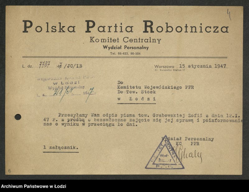 Obraz 5 z jednostki "Korespondencja [z Wydziałem Personalnym Komitetu Centralnego]"