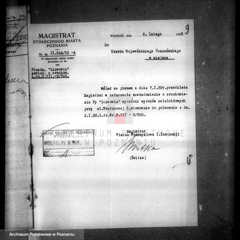 image.from.unit.number "Zatwierdzenie wytwórni z celuloidu Firmy "Likwowin" w Poznaniu nr 566"