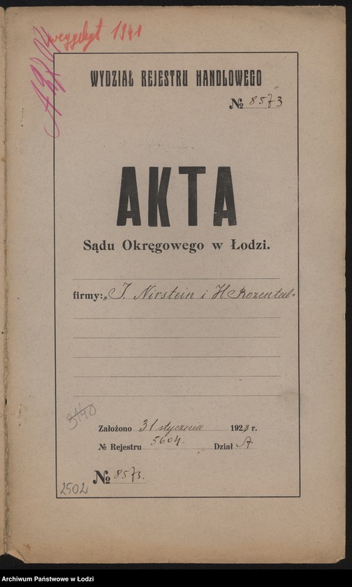 Obraz 2 z jednostki "J.Nirstein i H.Rozental- handel towarami manufakturowymi i przędzą"