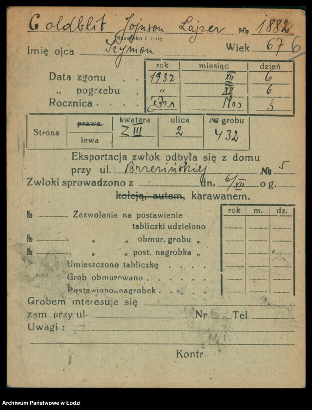 Obraz 7 z jednostki "Kartoteka osób pochowanych na cmentarzu żydowskim przy ulicy Brackiej w latach 1892-1954. Nazwiska na litery: Goldbl-Goldsz"