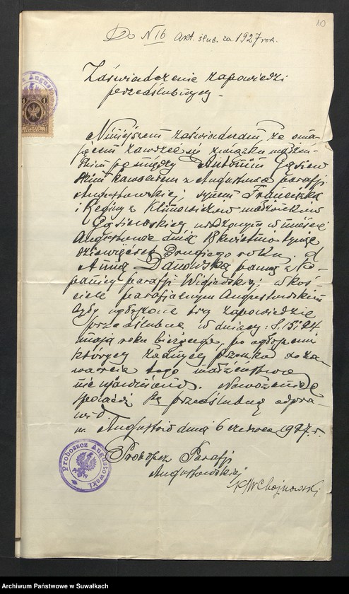 Obraz 12 z jednostki "Aneksa Aktów Ślubnych Rz-Katolickiej par. Wigierskiej za 1927 rok"